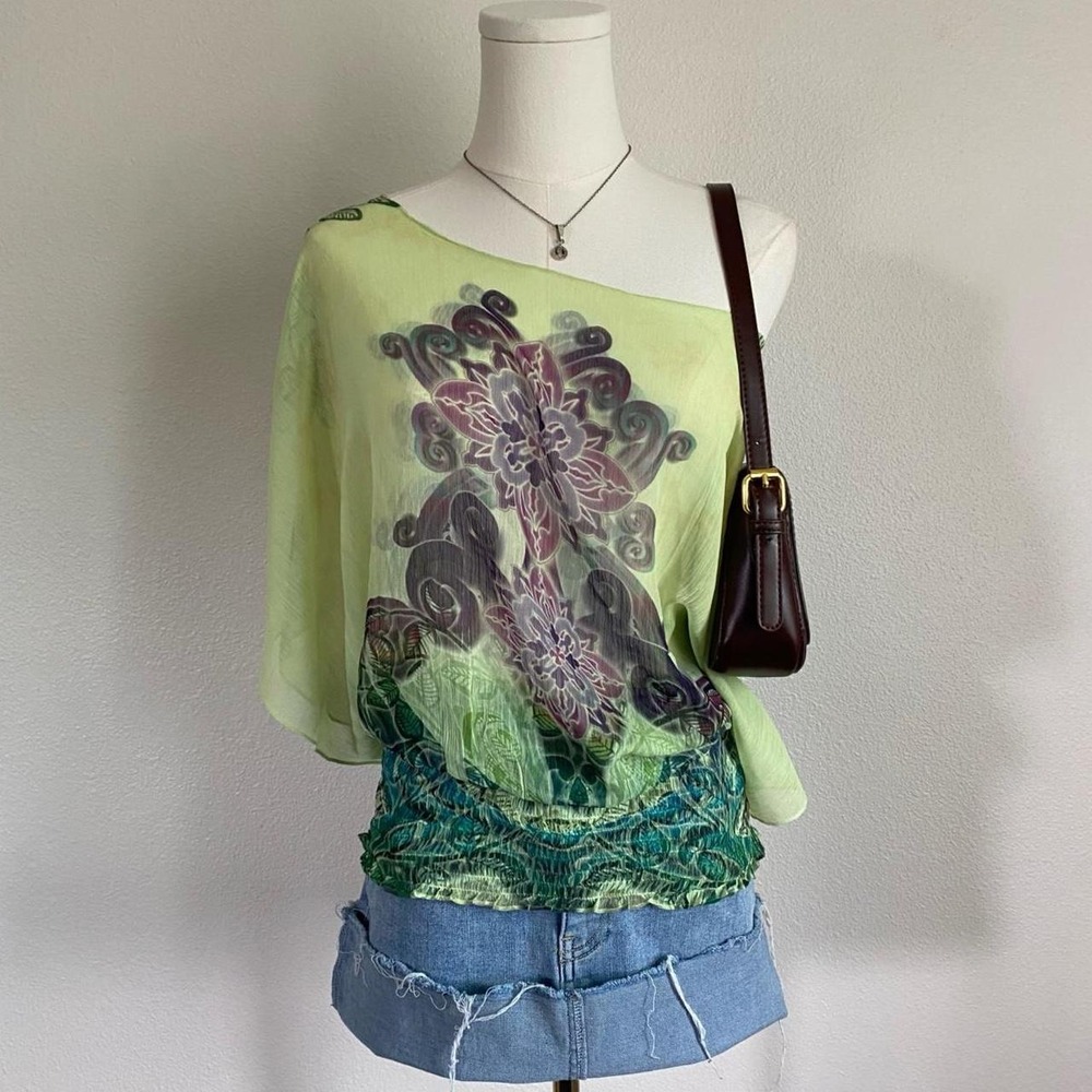 One World Y2K Green Patterened Batwing Blouse Tie Dye Fairy Boho